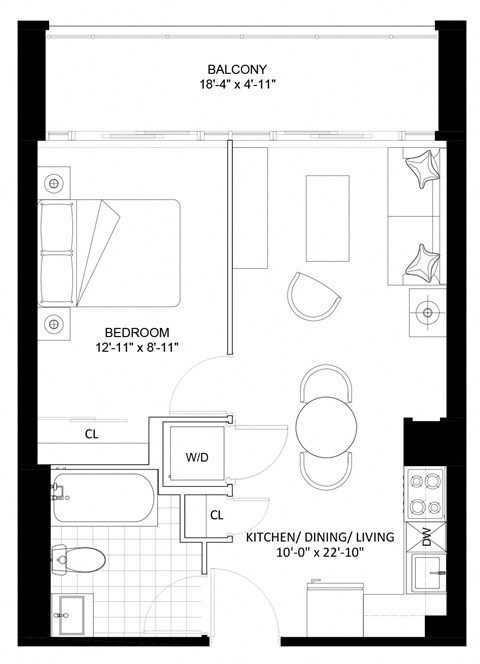 Floor plan for 1 bed, 1 bath, 496 sqft